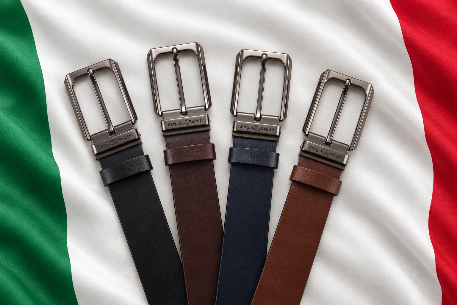 Ремни Sergio Belotti SB-0510 из итальянской кожи в четырёх цветах на фоне итальянского триколора